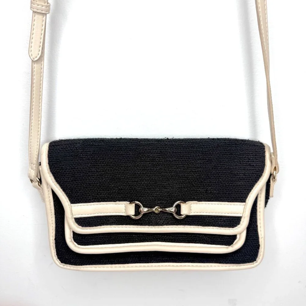 Express Tweed Faux Leather Trim Horsebit Crossbody Bag Black 10